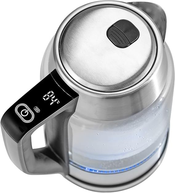 Imagen del hervidor de agua digital Zilan de vidrio con panel digital y luz LED azul, capacidad de 1,7 litros. Diseño moderno y elegante, ideal para hervir agua de forma rápida y eficiente.