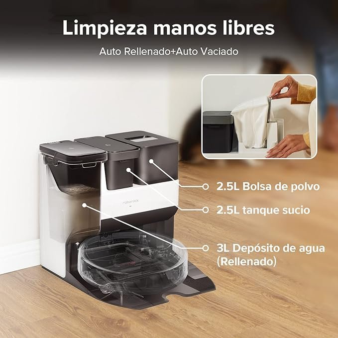Imagen del Robot Aspirador Roborock S7 Pro Ultra con Estación de Autovaciado, potencia de succión de 5100 Pa, diseño moderno en color blanco, ideal para limpieza automatizada del hogar.