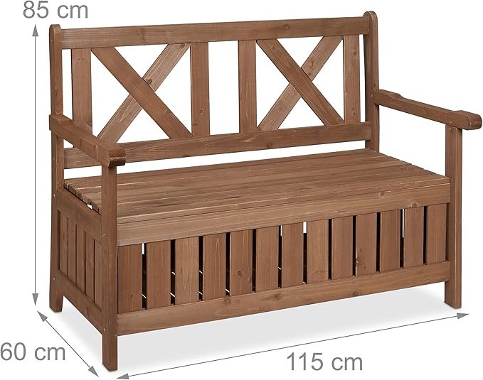 Banco Jardín con Baúl Relaxdays de 2 Plazas en madera de abeto natural, 85 x 115 x 60 cm, ideal para exteriores; combina asiento cómodo y espacio de almacenamiento en un diseño elegante y funcional.