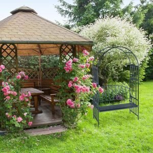 Imagen del Relaxdays Arco Jardín con Banco para 2 personas, medida 205x115x50 cm, estructura de metal resistente en color negro, ideal para decorar jardines, terrazas y patios exteriores. Diseño elegante con arco para soportar plantas trepadoras.