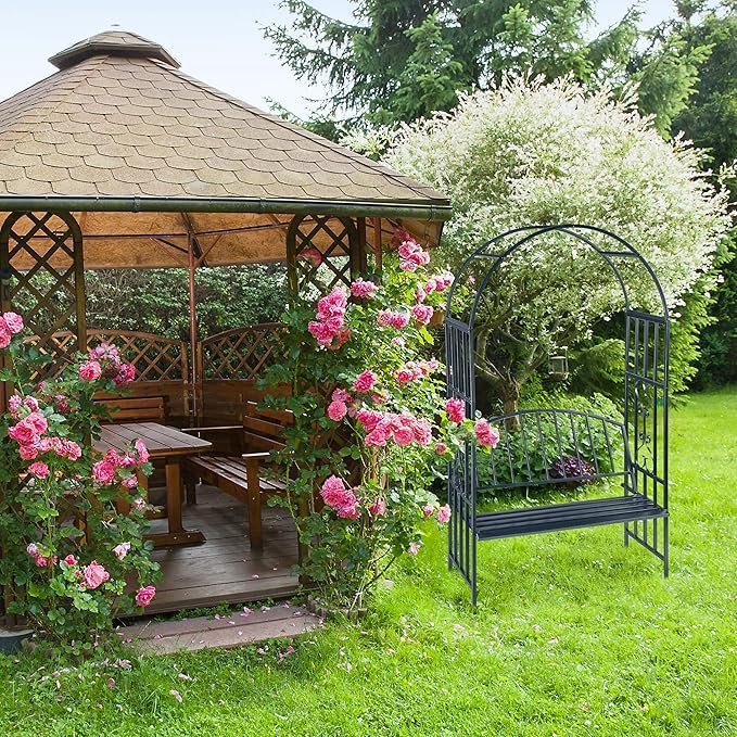 Imagen del Relaxdays Arco Jardín con Banco para 2 personas, medida 205x115x50 cm, estructura de metal resistente en color negro, ideal para decorar jardines, terrazas y patios exteriores. Diseño elegante con arco para soportar plantas trepadoras.