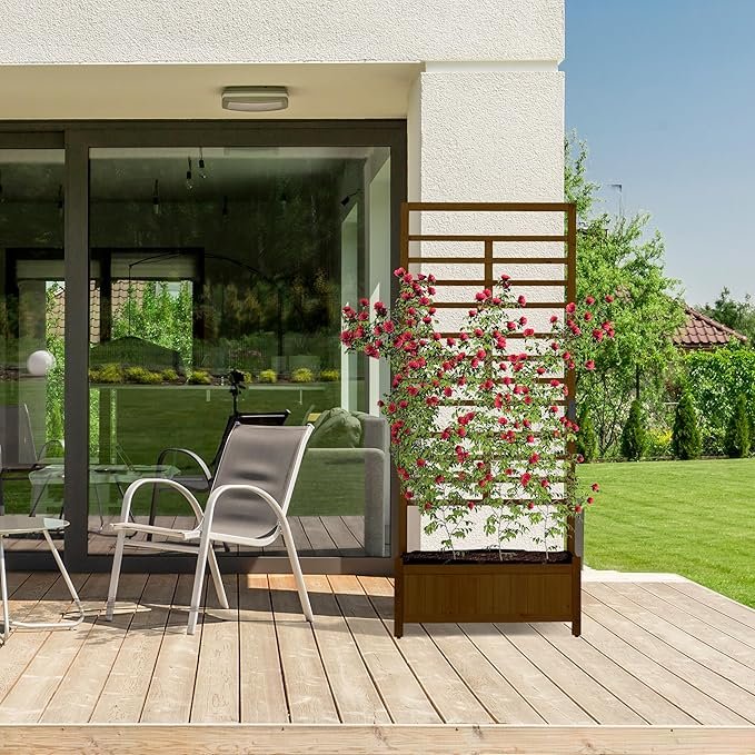 Imagen de la jardinera con enrejado Relaxdays de 171 x 71,5 x 32 cm en color natural, ideal para decorar jardines, terrazas o balcones con plantas trepadoras; diseño resistente y elegante, perfecto para mejorar espacios exteriores según opiniones de clientes.