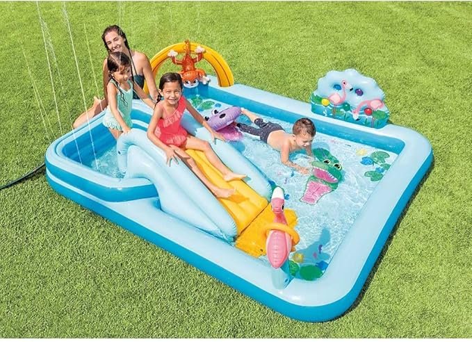 Imagen del centro de juegos acuático INTEX 57161NP: piscina infantil hinchable multicolor con tobogán, rociadores de agua y accesorios, ideal para niños en verano. Opiniones y detalles del producto.