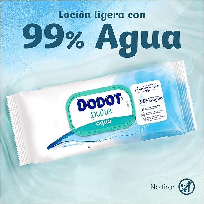 Imagen del paquete de toallitas Dodot Pure Aqua para bebé, presentación de 18 paquetes de 48 unidades cada uno, totalizando 864 toallitas, ideal para pieles sensibles, sin perfumes ni alcohol, perfecta para una limpieza suave y segura.