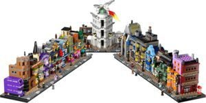 Imagen del set LEGO Harry Potter Tiendas Mágicas del Callejón Diagon, maqueta para adultos con 12 micro figuras de colección, mostrando detalles realistas de las emblemáticas tiendas en un diseño colorido y elaborado.