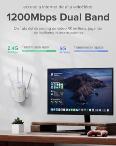 Amplificador de señal WiFi 1200Mbps 2025, repetidor de largo alcance de doble banda 5GHz y 2.4GHz, diseño compacto y moderno, ideal para mejorar la cobertura y velocidad de internet en el hogar u oficina.