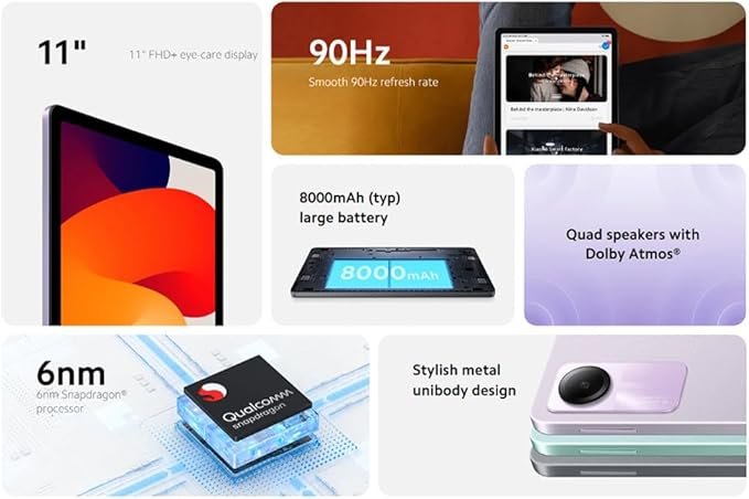 Imagen del Xiaomi Redmi Pad SE con 8GB RAM y 256GB ROM, batería de 8000mAh, pantalla de 11 pulgadas FHD+ a 90Hz y procesador de 6nm, ideal para conocer opiniones sobre su rendimiento y características.
