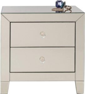 Cómoda Kare Design Pechena Luxury con espejo, mesita de noche elegante de 2 cajones, diseño moderno y sofisticado, dimensiones 50x49x41 cm, ideal para dormitorio, opiniones y valoración del producto.
