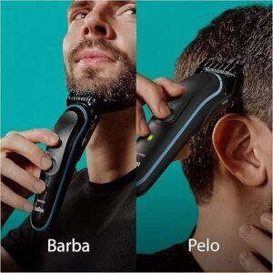Imagen de la recortadora de barba Braun MGK5445 Series 5, diseño ergonómico en color negro con accesorios incluidos, ideal para cortes precisos y cuidado de la barba.