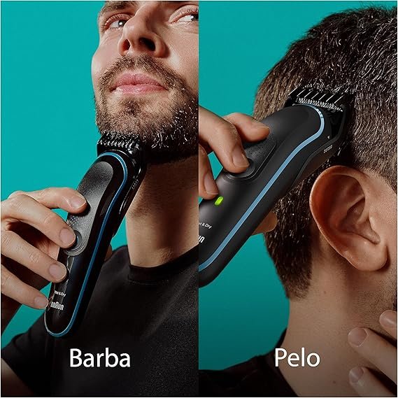 Imagen de la recortadora de barba Braun MGK5445 Series 5, diseño ergonómico en color negro con accesorios incluidos, ideal para cortes precisos y cuidado de la barba.