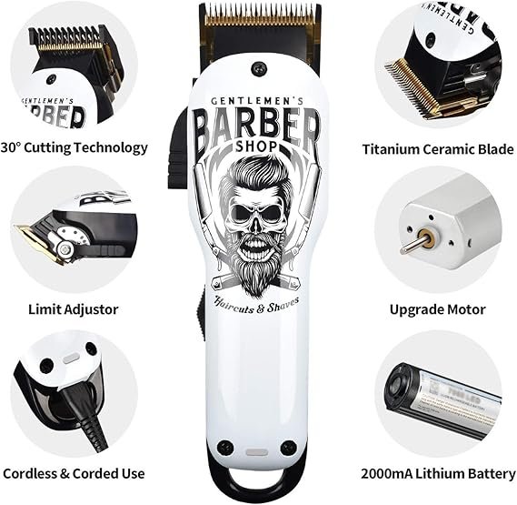 Imagen del cortapelos profesional BESTBOMG para hombres, diseño ergonómico en color dorado con cuchillas de precisión y accesorios incluidos, ideal para cortes de cabello y barba en casa o barbería.