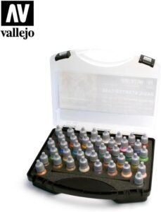 Imagen del producto Vallejo VAL80260 - Juego de pinturas para modelos, paquete de 40 colores de 8 ml. Fotografía del set completo de pinturas acrílicas Vallejo, ideal para modelismo y manualidades, presentado en envases individuales de colores surtidos.