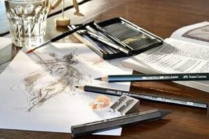 Imagen del estuche de metal Faber-Castell 112974 abierto, mostrando 3 ecolápices acuarelables y 9 lápices de grafito 9000 organizados ordenadamente; producto de alta calidad ideal para dibujo y acuarela, destacado en las opiniones de usuarios.