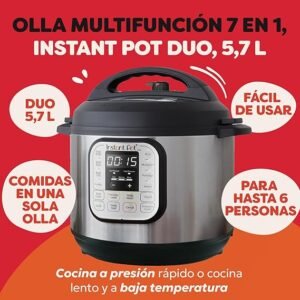 Imagen de la Instant Pot Duo 7 en 1, olla a presión programable con 13 programas de cocción lenta, diseño moderno en acero inoxidable, ideal para cocinar de forma rápida y versátil según opiniones de usuarios satisfechos.