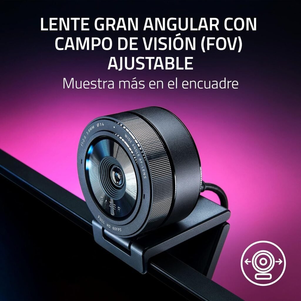 Cámara Razer Kiyo Pro en vista frontal mostrando su diseño compacto y moderno, con sensor de luz adaptativo y soporte de montaje incluido, ideal para streaming profesional y videollamadas de alta calidad.