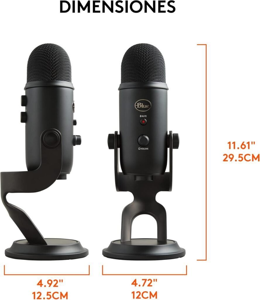 Micrófono USB Logitech for Creators Blue Yeti en vista frontal, ideal para grabación profesional de voz, podcasting y streaming, con diseño elegante y controles integrados.