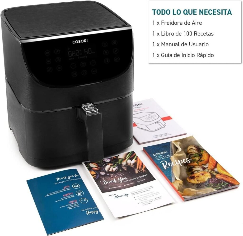 Imagen de la freidora de aire COSORI Duradera de 5.5?L y 1700W en color negro elegante, diseño moderno con pantalla táctil LED y múltiples funciones de cocción; ideal para cocinar sin aceite y preparar comidas saludables en casa.