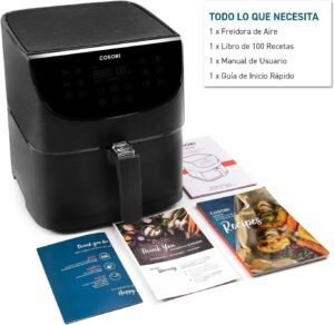 Imagen de la freidora de aire COSORI Duradera de 5.5?L y 1700W en color negro elegante, diseño moderno con pantalla táctil LED y múltiples funciones de cocción; ideal para cocinar sin aceite y preparar comidas saludables en casa.