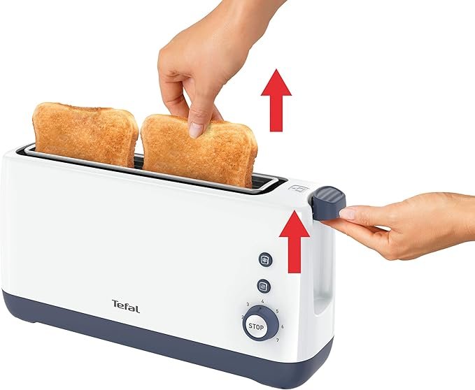 Imagen de la tostadora TEFAL Toaster Minim TL302110 de una sola ranura, diseño compacto en color blanco con detalles metálicos, ideal para cocinas pequeñas; vista frontal del electrodoméstico mostrando su elegante acabado y controles intuitivos.