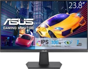 Imagen del monitor ASUS VA24EHF Eye Care Gaming de 24 pulgadas, diseño elegante con pantalla sin bordes, ideal para juegos y uso prolongado con tecnología antiparpadeo y luz azul baja.