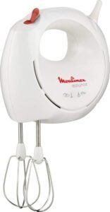 Batidora amasadora Moulinex EasyMax ABM11A30 de 200 W con diseño compacto en color blanco y rojo, ideal para mezclar y amasar fácilmente en la cocina.