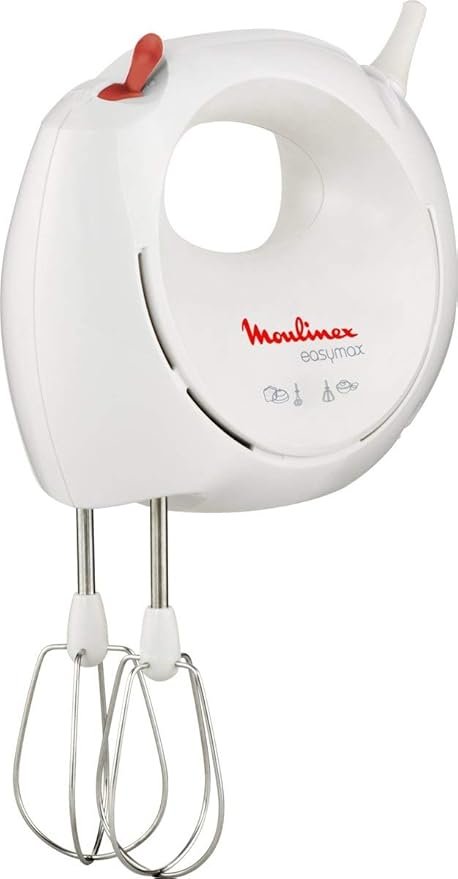 Batidora amasadora Moulinex EasyMax ABM11A30 de 200 W con diseño compacto en color blanco y rojo, ideal para mezclar y amasar fácilmente en la cocina.
