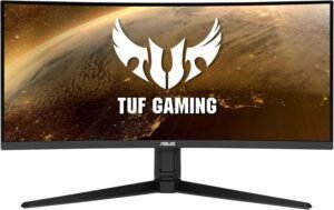 Imagen del monitor gaming ASUS TUF Gaming VG34VQL1B de 34 pulgadas con pantalla curva ultraancha, diseño moderno y tecnología avanzada para gamers exigentes.