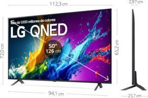 Smart TV LG 50QNED80T6A de 50 pulgadas con resolución 4K QNED – Vista frontal del televisor mostrando su diseño moderno y pantalla ultra nítida, ideal para disfrutar de contenido HDR y funciones inteligentes.