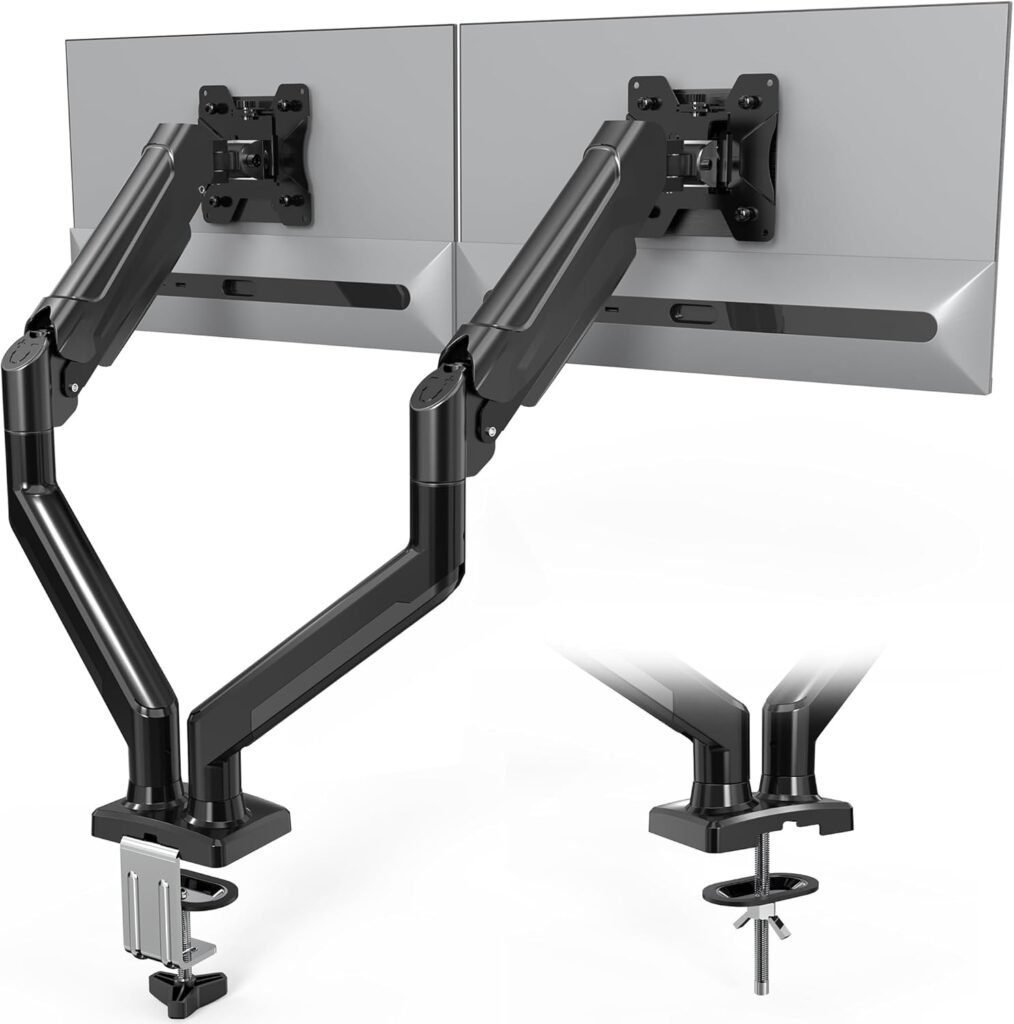 Soporte monitor doble BONTEC para pantallas de 13 a 32 pulgadas, diseño ergonómico ajustable, ideal para escritorio, compatible con VESA, mejora el espacio de trabajo.