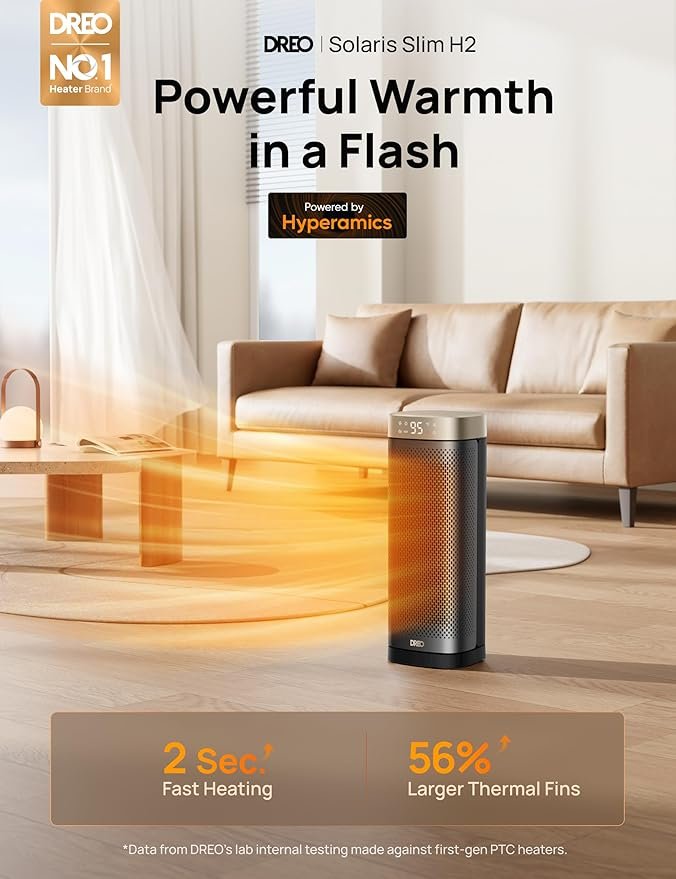 Imagen del Calentador Dreo de 40 cm para interiores, con calefacción cerámica PTC de alta eficiencia, control remoto incluido, temporizador programable de 12 horas y oscilación de 70° para una distribución uniforme del calor. Ideal para hogares y oficinas.