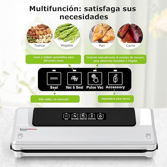 Imagen de la envasadora al vacío Bonsenkitchen 4 en 1 para uso doméstico y comercial, diseño compacto y elegante, ideal para conservar alimentos frescos por más tiempo, con funciones de sellado automático, manual y para alimentos húmedos y secos.