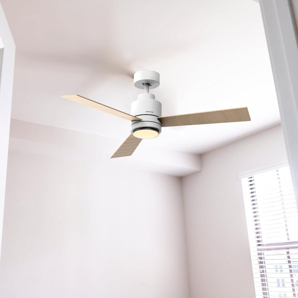 Imagen del ventilador de techo con luz Mellerware Brizy Bright Core de 45W, diseño moderno en color blanco, ideal para refrescar y alumbrar espacios interiores con eficiencia energética y estilo elegante.