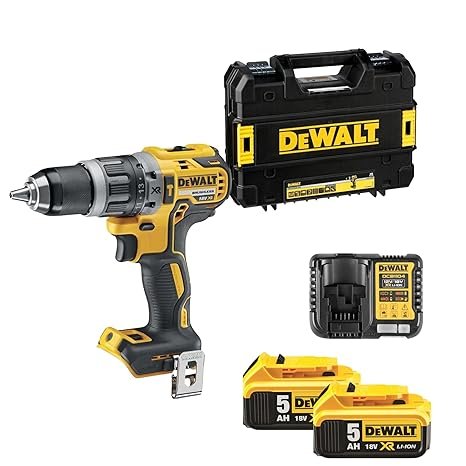 Imagen del taladro percutor sin escobillas DEWALT 18V XR, diseño robusto y ergonómico, herramienta eléctrica ideal para trabajos profesionales, destacada en opiniones positivas por su potencia, durabilidad y eficiencia energética.