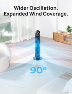 Imagen del ventilador de pie Dreo silencioso 20dB, diseño moderno y elegante en color negro, ideal para dormitorio u oficina, destacado por su funcionamiento ultrasilencioso según opiniones de usuarios satisfechos.
