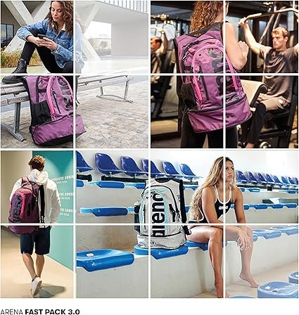 Imagen de la bolsa deportiva ARENA Fastpack 3.0 en color negro, diseñada para natación, playa, gimnasio y actividades deportivas, mostrando su amplio espacio de almacenamiento, compartimentos ventilados y diseño ergonómico ideal para atletas y amantes del deporte.