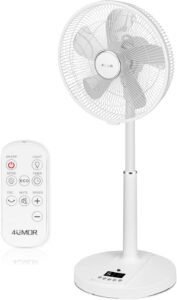 Imagen del ventilador de pie silencioso 4UMOR con nivel de ruido de solo 20dB, diseño ecológico y moderno en color negro, ideal para refrescar cualquier habitación con eficiencia energética y bajo nivel sonoro.