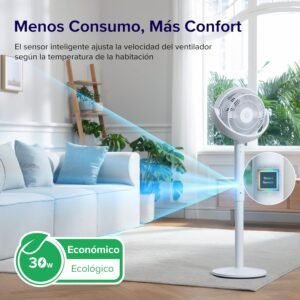 Imagen del ventilador de pie silencioso LEVOIT 20dB con mando a distancia, diseño moderno en color blanco, ideal para dormitorios u oficinas, destaca por su funcionamiento ultra silencioso y múltiples velocidades ajustables.