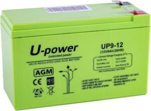 Batería Master U-Power AGM UP 9Ah 12V de plomo sellada, vista frontal del producto mostrando su diseño compacto y resistente, ideal para sistemas de respaldo, alarmas y equipos de alimentación continua.