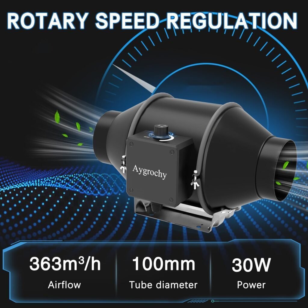 Imagen del ventilador de extracción Aygrochy 100mm ajustable, capacidad de flujo de aire de 350 m³/h, diseño compacto y eficiente ideal para ventilación de baños, cocinas o espacios pequeños.