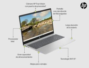 Imagen del HP 15-fd0188ns - Ordenador portátil de 15.6 pulgadas con diseño elegante en color plateado, teclado completo y pantalla HD, ideal para trabajo, estudio y entretenimiento.