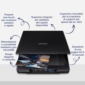Escáner Epson Perfection V39II – Vista del escáner fotográfico y de documentos compacto, portátil y de alta resolución ideal para digitalizar fotos y papeles con gran detalle.