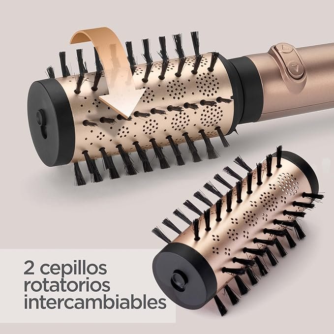 BaByliss Cepillo Secador de Pelo Big Hair Dual AS952E con cepillos rotatorios intercambiables de 50 mm y 40 mm, ideal para dar volumen y moldear el cabello con acabado profesional.