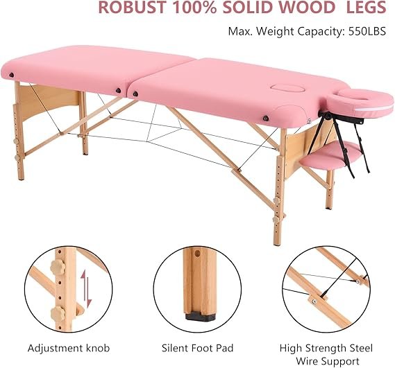 Camilla de masaje YOUNIKE rosa plegable de 2 zonas, diseño profesional y portátil, soporte robusto de hasta 250 kg, ideal para terapeutas, esteticistas y uso en casa.
