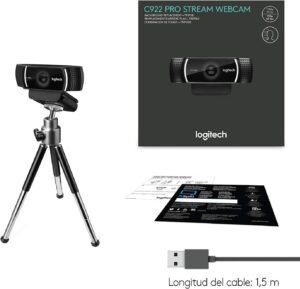 Imagen de la cámara web Logitech C922 Pro Stream en primer plano, diseñada para streaming profesional en alta definición (HD), con diseño elegante en color negro y lente central destacada, ideal para creadores de contenido, gamers y videoconferencias de alta calidad.