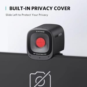 Imagen de la Anker 2K USB Webcam con micrófono estéreo con inteligencia artificial, cancelación de ruido y ángulo de visión ajustable, ideal para videollamadas profesionales y transmisiones en alta definición.