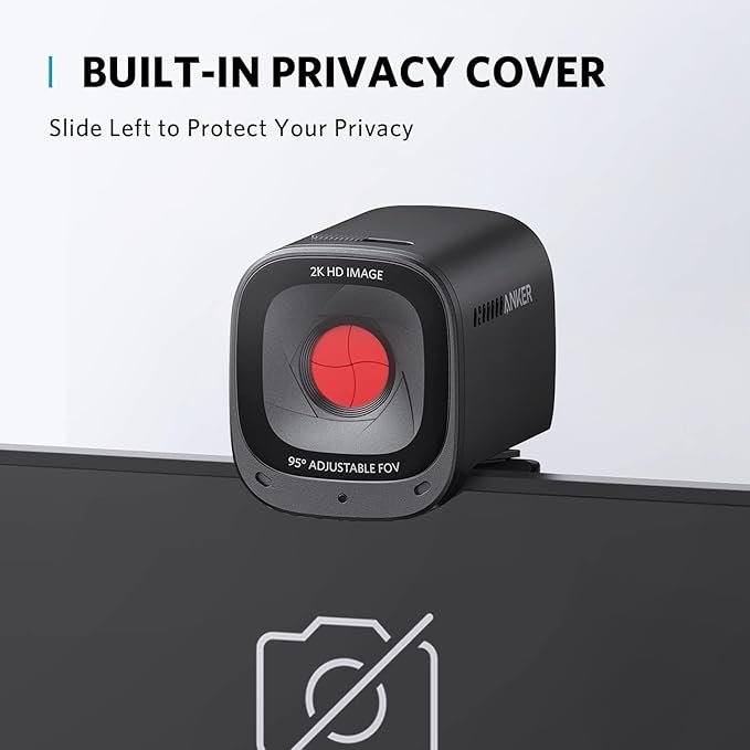 Imagen de la Anker 2K USB Webcam con micrófono estéreo con inteligencia artificial, cancelación de ruido y ángulo de visión ajustable, ideal para videollamadas profesionales y transmisiones en alta definición.