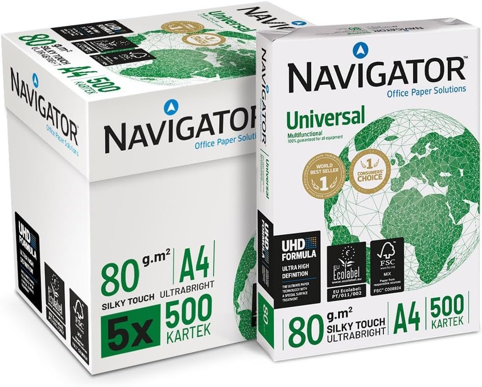 Imagen del papel Navigator Universal para impresora: resma de papel multiusos de alta calidad, ideal para impresión en blanco y negro y color, mostrada en su empaque original con diseño distintivo y especificaciones visibles.