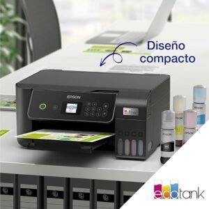 Imagen de la impresora multifunción Epson EcoTank ET con diseño compacto y moderno, ideal para el hogar o la oficina. Incluye tanques de tinta recargables de alta capacidad, impresión sin cartuchos y excelente rendimiento, destacando en opiniones por su eficiencia y ahorro.