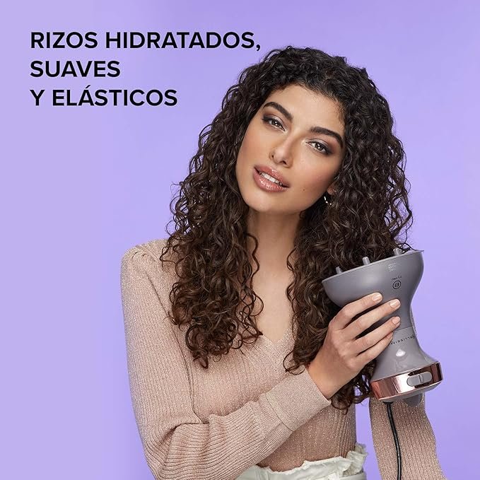 Difusor de aire caliente Bellissima Imetec Diffon Ceramic & Argan Oil para cabello rizado, con diseño ergonómico y tecnología de doble nivel de aire y temperatura, ideal para definir rizos con cuidado profesional.