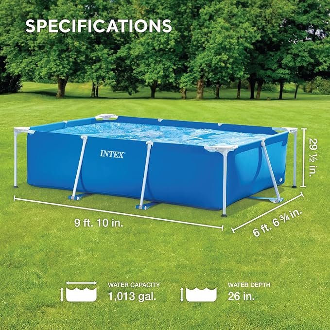 Piscina desmontable Intex 28272NP Small Frame de 300 x 200 x 75 cm con capacidad de 3.834 litros, estructura metálica resistente y diseño rectangular ideal para jardines y terrazas.